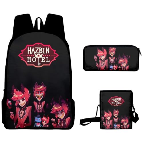 Wulachaka Hazbin Hotel Anime 3pcs Rucksack für Schüler Anime Schultaschen Komplettes Set mit Federmäppchen Mittagessen Tasche Unisex Geschenk für Kinder, Typ 9, 40*30*13cm, Anime von Wulachaka