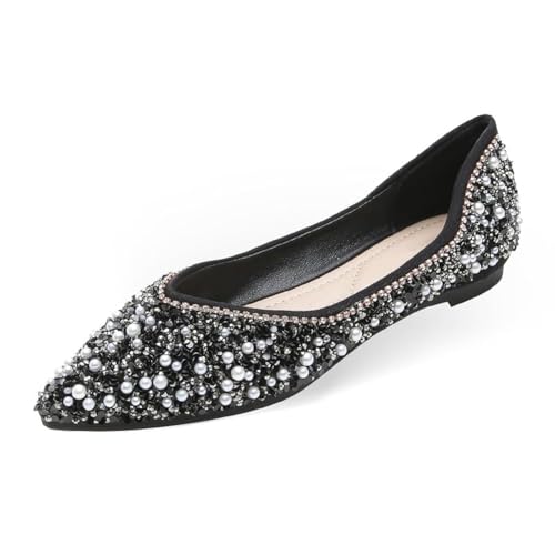 Flache Damen-Ballerinas, bequeme spitze Strass-Ballerinas für Damen, funkelnd, elegant, flache Schuhe, Schwarz, 38 EU Flache Damen-Ballerinas, bequeme spitze Strass-Ballerinas für Damen, funkelnd, elegant, flache Schuhe, Schwarz, 38 EU von Wulahalasao