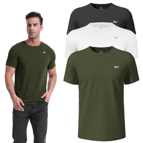 3 or 5er Pack Sport Tshirts Herren Kurzarm,Funktionsshirt Atmungsaktiv & Schnelltrocknend,Fitness Shirt für Training,Laufen,Wandern,Gym,Outdoor-Sport Schwarz-Weiß-OlivGrün XL von Wulibike