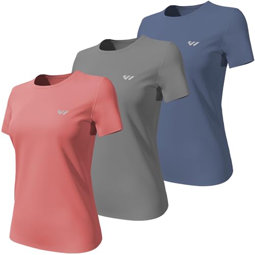 Wulibike 3 or 5er Pack Sportshirt Damen Funktionsshirt Stretch Schnelltrocknend Activewear Atmungsaktiv Laufshirt Kurzarm Fitness Wandershirt UPF 50+ Sonnenschutz Top Grau Blau-Rot-Grau L von Wulibike