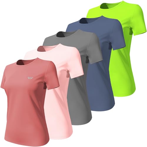 Wulibike 3 or 5er Pack Sportshirt Damen Funktionsshirt Stretch Schnelltrocknend Activewear Atmungsaktiv Laufshirt Kurzarm Fitness Wandershirt UPF 50+ Sonnenschutz Top Rot-Rosa-Grau-GrauBlau-Grün L von Wulibike