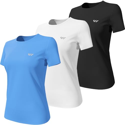 Wulibike 3 or 5er Pack Sportshirt Damen Funktionsshirt Stretch Schnelltrocknend Activewear Atmungsaktiv Laufshirt Kurzarm Fitness Wandershirt UPF 50+ Sonnenschutz Top Schwarz-Weiß-Blau L von Wulibike