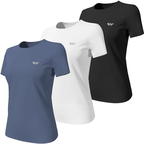 Wulibike 3 or 5er Pack Sportshirt Damen Funktionsshirt Stretch Schnelltrocknend Activewear Atmungsaktiv Laufshirt Kurzarm Fitness Wandershirt UPF 50+ Sonnenschutz Top Schwarz-Weiß-Grau Blau XXL von Wulibike