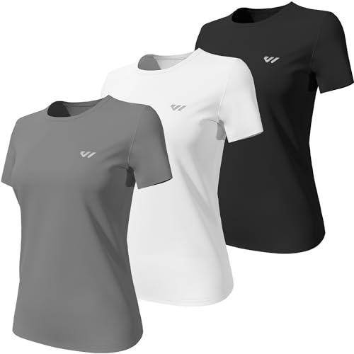 Wulibike 3 or 5er Pack Sportshirt Damen Funktionsshirt Stretch Schnelltrocknend Activewear Atmungsaktiv Laufshirt Kurzarm Fitness Wandershirt UPF 50+ Sonnenschutz Top Schwarz-Weiß-Grau XS von Wulibike