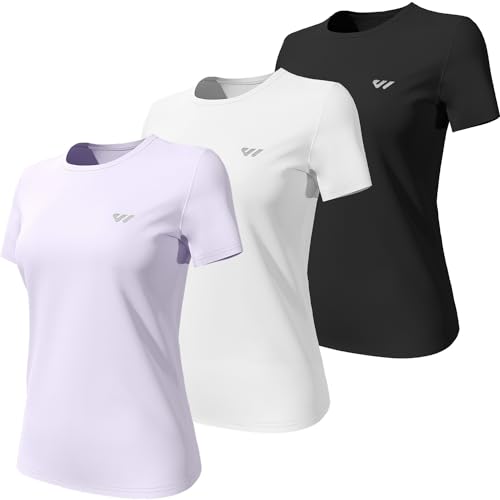 Wulibike 3 or 5er Pack Sportshirt Damen Funktionsshirt Stretch Schnelltrocknend Activewear Atmungsaktiv Laufshirt Kurzarm Fitness Wandershirt UPF 50+ Sonnenschutz Top Schwarz-Weiß-Lila S von Wulibike