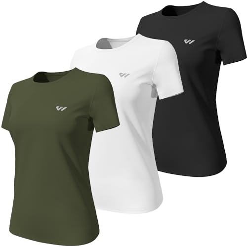 Wulibike 3 or 5er Pack Sportshirt Damen Funktionsshirt Stretch Schnelltrocknend Activewear Atmungsaktiv Laufshirt Kurzarm Fitness Wandershirt UPF 50+ Sonnenschutz Top Schwarz-Weiß-OlivGrün L von Wulibike