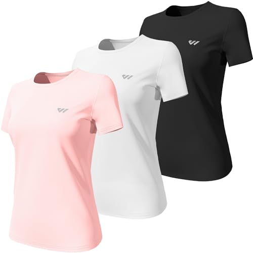 Wulibike 3 or 5er Pack Sportshirt Damen Funktionsshirt Stretch Schnelltrocknend Activewear Atmungsaktiv Laufshirt Kurzarm Fitness Wandershirt UPF 50+ Sonnenschutz Top Schwarz-Weiß-Rosa XXL von Wulibike