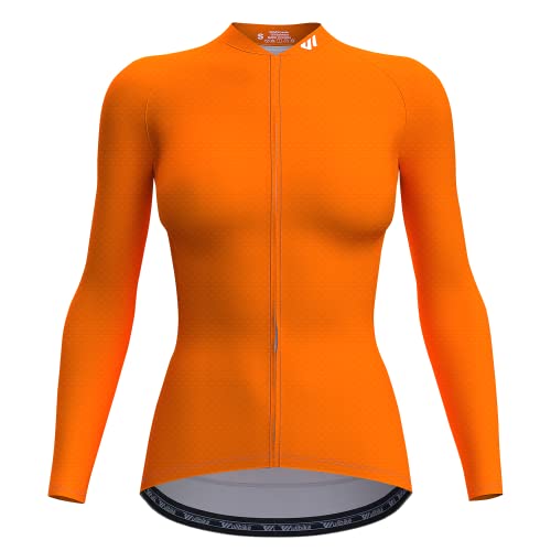 Wulibike Damen Radtrikot,Fahrradtrikot Damen Langarm Atmungsaktiv Rennrad Trikot Damen mit 3 Rückentaschen Orange S von Wulibike