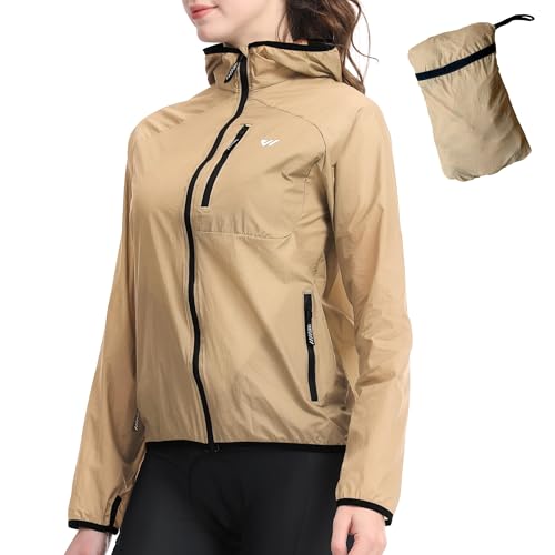 Wulibike Fahrradjacke Damen Faltbare Regenjacke Leicht und Atmungsaktiv Laufjacke Reflektierende Windbreaker für Radfahren,Trekking und Outdoor Khaki A2=S von Wulibike