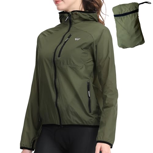 Wulibike Fahrradjacke Damen Faltbare Regenjacke Leicht und Atmungsaktiv Laufjacke Reflektierende Windbreaker für Radfahren,Trekking und Outdoor Olivegreen A6=XXL von Wulibike