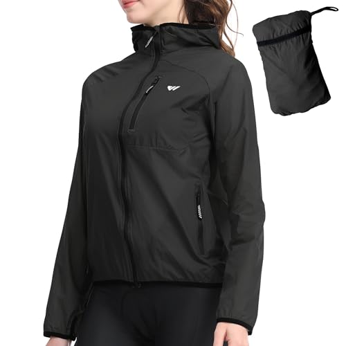 Wulibike Fahrradjacke Damen Faltbare Regenjacke Leicht und Atmungsaktiv Laufjacke Reflektierende Windbreaker für Radfahren,Trekking und Outdoor Schwarz A4=L von Wulibike