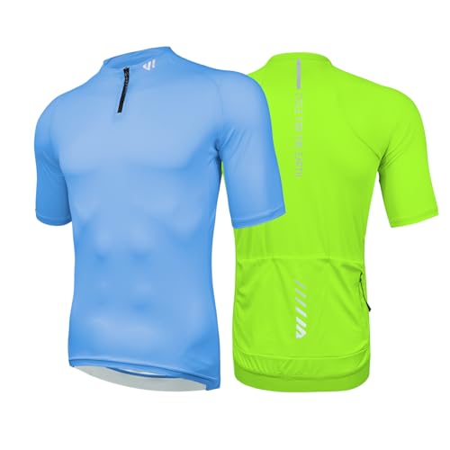 Wulibike Herren-Fahrradtrikot Kurzarm, Rennradtrikot mit halbem Reißverschluss und Taschen, Fahrradbekleidung atmungsaktiv und schnell trocknend 2er-Pack Grün+Blau XL von Wulibike