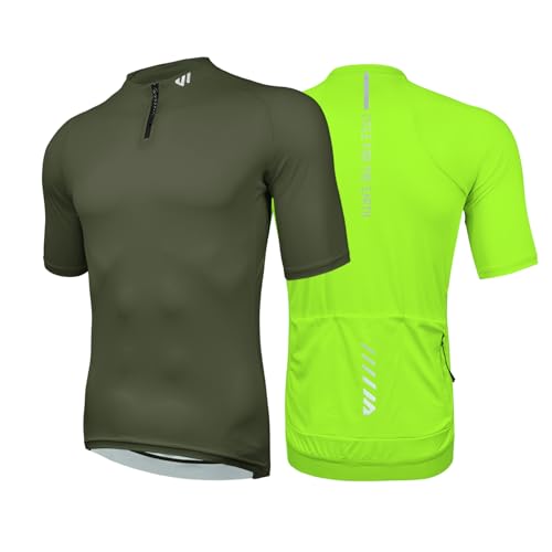 Wulibike Herren-Fahrradtrikot Kurzarm, Rennradtrikot mit halbem Reißverschluss und Taschen, Fahrradbekleidung atmungsaktiv und schnell trocknend 2er-Pack Grün+Olivgrün XL von Wulibike