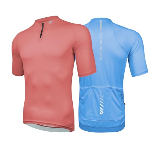 Wulibike Herren-Fahrradtrikot Kurzarm, Rennradtrikot mit halbem Reißverschluss und Taschen, Fahrradbekleidung atmungsaktiv und schnell trocknend 2er-Pack Rot+Blau M von Wulibike