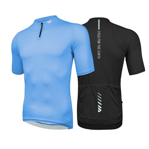Wulibike Herren-Fahrradtrikot Kurzarm, Rennradtrikot mit halbem Reißverschluss und Taschen, Fahrradbekleidung atmungsaktiv und schnell trocknend 2er-Pack Schwarz+Blau L von Wulibike