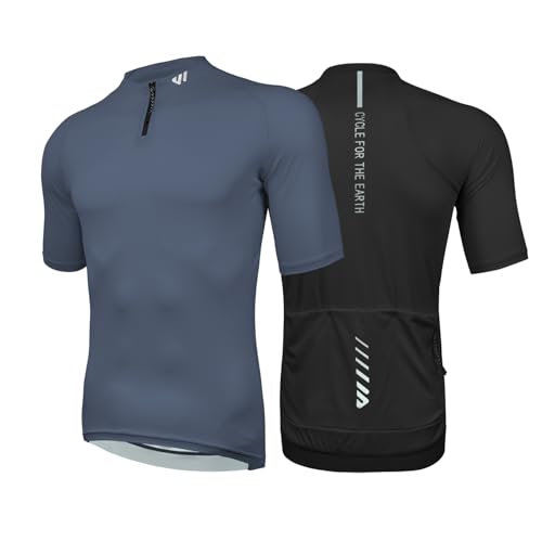 Wulibike Herren-Fahrradtrikot Kurzarm, Rennradtrikot mit halbem Reißverschluss und Taschen, Fahrradbekleidung atmungsaktiv und schnell trocknend 2er-Pack Schwarz+Graublau L von Wulibike