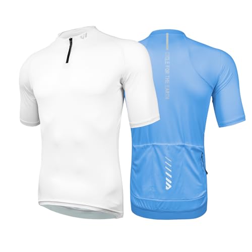Wulibike Herren-Fahrradtrikot Kurzarm, Rennradtrikot mit halbem Reißverschluss und Taschen, Fahrradbekleidung atmungsaktiv und schnell trocknend 2er-Pack Weiß+Blau L von Wulibike