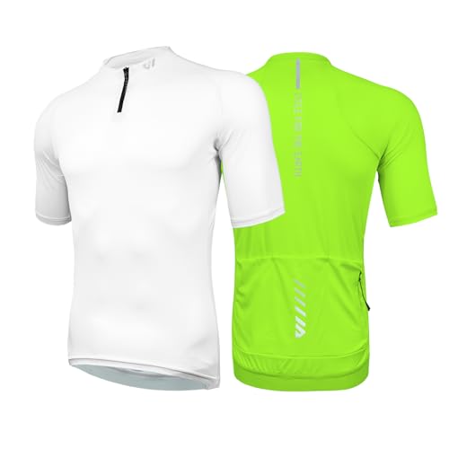 Wulibike Herren-Fahrradtrikot Kurzarm, Rennradtrikot mit halbem Reißverschluss und Taschen, Fahrradbekleidung atmungsaktiv und schnell trocknend 2er-Pack Weiß+Grün L von Wulibike