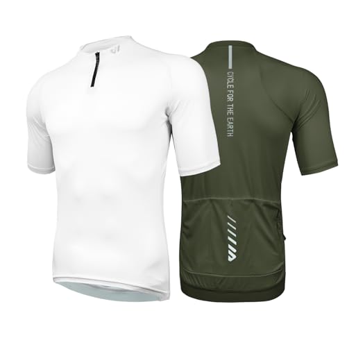 Wulibike Herren-Fahrradtrikot Kurzarm, Rennradtrikot mit halbem Reißverschluss und Taschen, Fahrradbekleidung atmungsaktiv und schnell trocknend 2er-Pack Weiß+Olivgrün XL von Wulibike