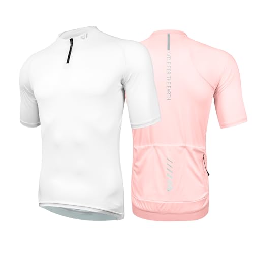 Wulibike Herren-Fahrradtrikot Kurzarm, Rennradtrikot mit halbem Reißverschluss und Taschen, Fahrradbekleidung atmungsaktiv und schnell trocknend 2er-Pack Weiß+Rosa L von Wulibike