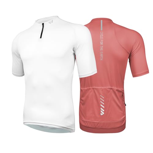 Wulibike Herren-Fahrradtrikot Kurzarm, Rennradtrikot mit halbem Reißverschluss und Taschen, Fahrradbekleidung atmungsaktiv und schnell trocknend 2er-Pack Weiß+Rot M von Wulibike