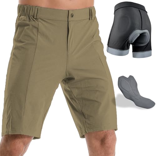 Wulibike Radhose Herren MTB Hose Kurz Fahrradhose Gepolstert 2 in 1 Mountainbike Shorts für Männer mit Polsterung Fahrrad Radfahrhose Reißverschlusstaschen Khaki M von Wulibike