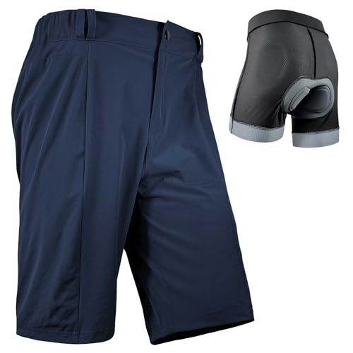 Wulibike Radhose Herren MTB Hose Kurz Fahrradhose Gepolstert 2 in 1 Mountainbike Shorts für Männer mit Polsterung Fahrrad Radfahrhose Reißverschlusstaschen Navy Blau S von Wulibike