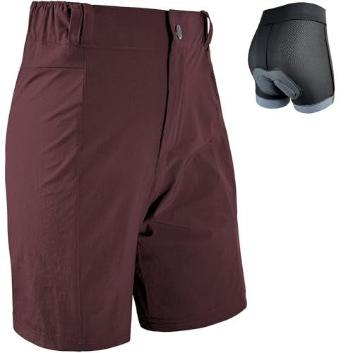 Wulibike Radlerhose Damen Mountainbike-Radhose 2 in 1 gepolstert MTB Shorts Frauen Fahrradhose mit Polsterung Reiten Fahrrad Radfahrhose Reißverschlusstaschen Burgund XS von Wulibike