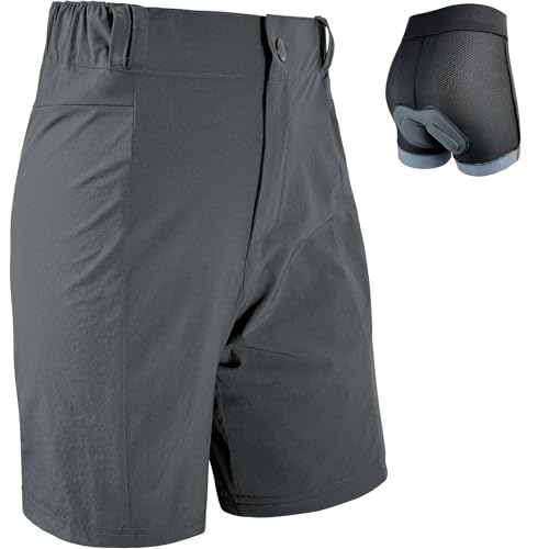 Wulibike Radlerhose Damen Mountainbike-Radhose 2 in 1 gepolstert MTB Shorts Frauen Fahrradhose mit Polsterung Reiten Fahrrad Radfahrhose Reißverschlusstaschen Grau XS von Wulibike
