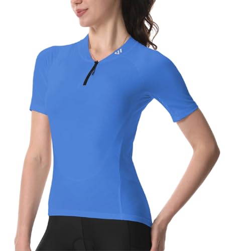 Wulibike Radtrikot Damen Halbe ReißVerschluss Fahrradshirt Mountainbike Fahrradtrikot Atmungsaktiv Rennrad Trikot Kurze äRmel Frauen Fahrrad Shirt 4 Tasche Radfahren Tops Upf50+ Blau XL von Wulibike