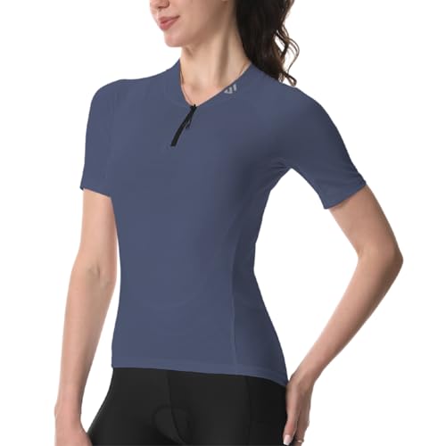 Wulibike Radtrikot Damen Halbe ReißVerschluss Fahrradshirt Mountainbike Fahrradtrikot Atmungsaktiv Rennrad Trikot Kurze äRmel Frauen Fahrrad Shirt 4 Tasche Radfahren Tops Upf50+ Grau-blau XL von Wulibike