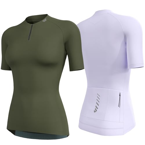 Wulibike Radtrikot Damen Halbe ReißVerschluss Fahrradshirt Mountainbike Fahrradtrikot Atmungsaktiv Rennrad Trikot Kurze äRmel Frauen Fahrrad Shirt 4 Tasche Radfahren Tops Upf50+ Olivengrün-Lila XL von Wulibike