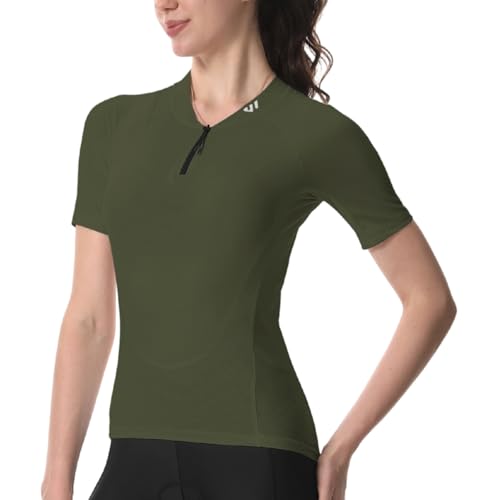 Wulibike Radtrikot Damen Halbe ReißVerschluss Fahrradshirt Mountainbike Fahrradtrikot Atmungsaktiv Rennrad Trikot Kurze äRmel Frauen Fahrrad Shirt 4 Tasche Radfahren Tops Upf50+ Olivengrün M von Wulibike