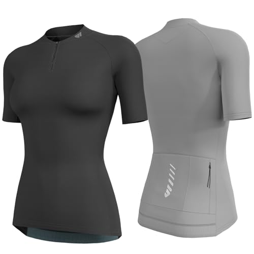 Wulibike Radtrikot Damen Halbe ReißVerschluss Fahrradshirt Mountainbike Fahrradtrikot Atmungsaktiv Rennrad Trikot Kurze äRmel Frauen Fahrrad Shirt 4 Tasche Radfahren Tops Upf50+ Schwarz-Grau M von Wulibike