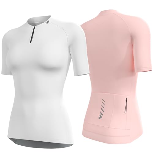Wulibike Radtrikot Damen Halbe ReißVerschluss Fahrradshirt Mountainbike Fahrradtrikot Atmungsaktiv Rennrad Trikot Kurze äRmel Frauen Fahrrad Shirt 4 Tasche Radfahren Tops Upf50+ Weiß-Rosa L von Wulibike