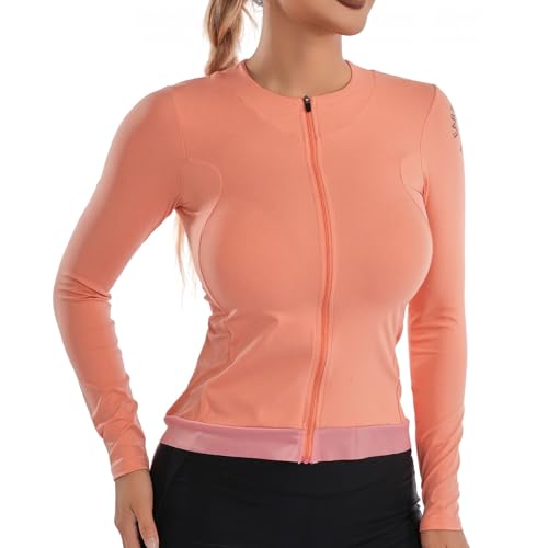 Wulibike Radtrikot Damen Langarm,Fahrradtrikot Atmungsaktiv Rennrad Trikot Hochelastisch Fahrrad Kleidung 4 Taschen Orange M von Wulibike