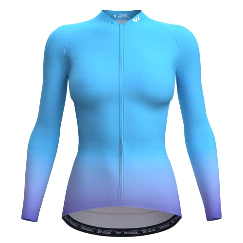 Wulibike Radtrikot Damen Langarm,Fahrradtrikot Damen Rennrad Trikot Fahrrad Shirt Reflektierende Schnell Trocknend Atmungsaktiv Top Mit RüCkentaschen Blau S von Wulibike