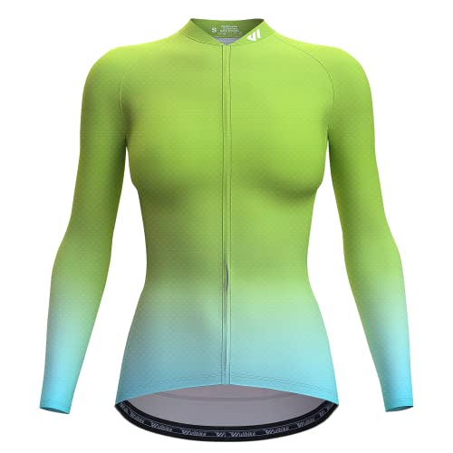 Wulibike Radtrikot Damen Langarm,Fahrradtrikot Damen Rennrad Trikot Fahrrad Shirt Reflektierende Schnell Trocknend Atmungsaktiv Top Mit RüCkentaschen Grün L von Wulibike
