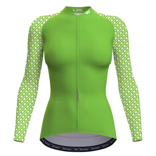 Wulibike Radtrikot Damen Langarm,Fahrradtrikot Damen Rennrad Trikot Fahrrad Shirt Reflektierende Schnell Trocknend Atmungsaktiv Top Mit RüCkentaschen Grün XL von Wulibike