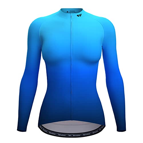Wulibike Radtrikot Langarm Damen Radtrikot Leichtes Radshirt Radjacke Radshirt mit 3 Taschen (Hellblau und Dunkelblau, M) von Wulibike