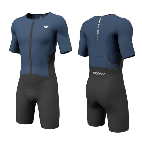 Wulibike Triathlon Anzug Herren Trisuit Kurzarm,Hohe Elastizität atmungsaktiv schnelltrocknend Tri Suit Triathlonanzug für Herren Rennen und Triathlon Wettkämpfe Blau M von Wulibike