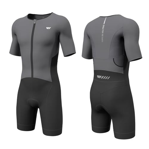 Wulibike Triathlon Anzug Herren Trisuit Kurzarm,Hohe Elastizität atmungsaktiv schnelltrocknend Tri Suit Triathlonanzug für Herren Rennen und Triathlon Wettkämpfe Grau M von Wulibike