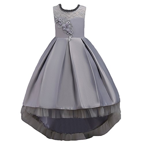 Wulide Kinder Mädchen Abendkleid Prinzessin Kleid Festkleid mit Blumen, Grau, Gr.122/128(Herstellgröße:130) von Wulide