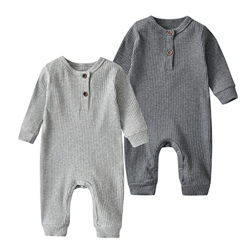 Wulipery Baby Strampler Baby Junge Mädchen 2er Pack Gestrickte Baumwolle Einteiliger Overall Einfarbig Langarm Baby Outfits Dunkelgrau & Hellgrau (0-3 Monate) von Wulipery