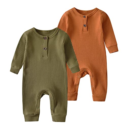 Wulipery Baby Strampler Baby Junge Mädchen 2er Pack Gestrickte Baumwolle Einteiliger Overall Einfarbig Langarm Baby Outfits Dunkelgrün & Gelb (12-18 Monate) von Wulipery