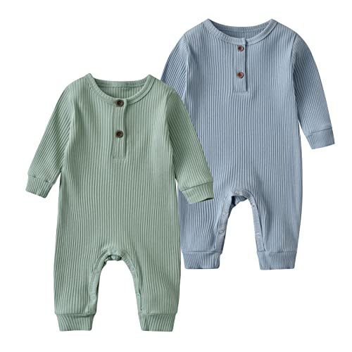 Wulipery Baby Strampler Baby Junge Mädchen 2er Pack Gestrickte Baumwolle Einteiliger Overall Einfarbig Langarm Baby Outfits Hellgrün & Blau (0 Monate) von Wulipery