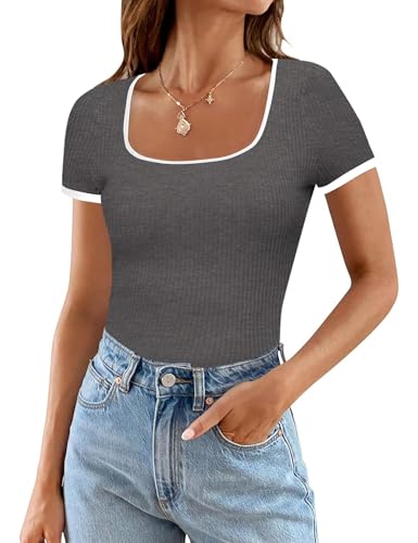 Lässige Oberteile Für Damen Für Die Arbeit Im Büro Kurzärmlig Taillierte T-Shirts Gerippter Strickpullover Basic-T-Shirts 2024 von Wulitaotao