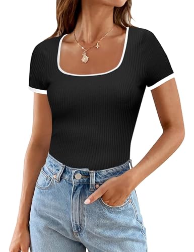 Wulitaotao Damen-Rippshirt Tailliert Kurzärmelig Quadratischer Ausschnitt Süß Basic-Arbeitsoberteile Lässig Herbst Trendig 2024 von Wulitaotao
