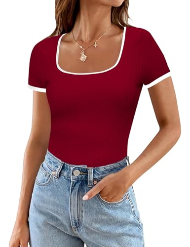 Wulitaotao Kurzärmlig Herbstoberteile Damen 2024 Basic-Hemden Volle Länge Quadratischer Ausschnitt Business Leger Taillierte Bluse von Wulitaotao