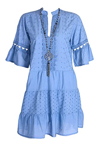 Damen Kleid Tunika feinste Stickereien Ibiza-Style Stufen & Volants Stehkragen Dekolltee in Azur BLAU von Wunder&Schön